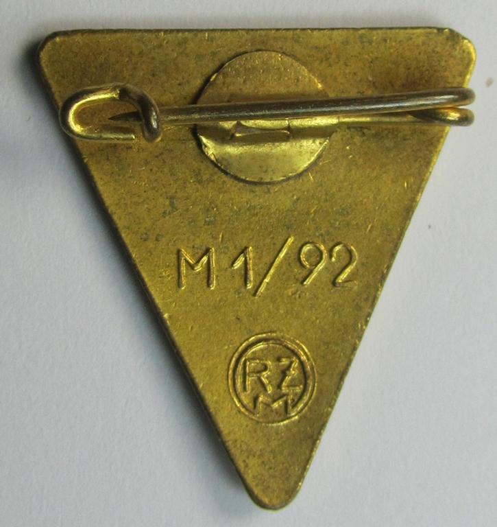 Neat, 'NS-Frauenschaft'-membership-badge (ie. 'Mitgliedsabzeichen', being a 25-mm.-sized (ie. 'Halbminiatur') example of the fourth pattern that shows a: 'RzM M1/92'- makers'-designation on its back