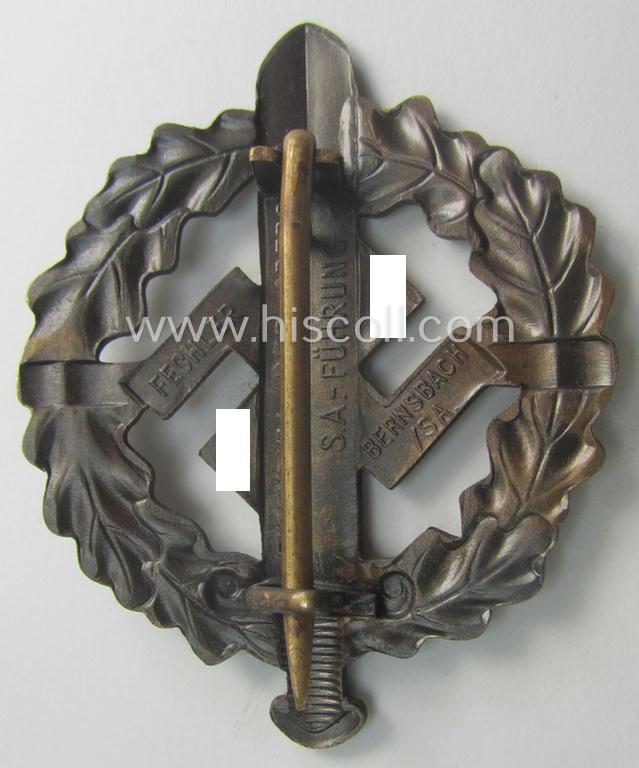 'Virtually mint- ie. unissued', early- (ie. pre-) war-period example of an: 'SA-Sportabzeichen in Bronze' being a detailed and/or neatly maker- (ie. 'Fechler - Bernsbach i. Sa.'-) marked example that is void of a bearers'-number