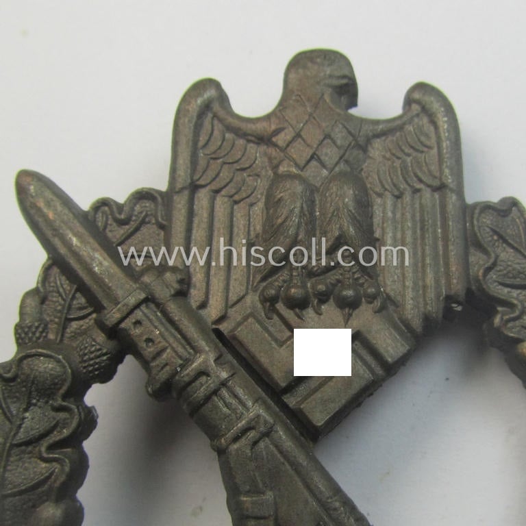 Hardly used, 'Infanterie Sturmabzeichen in Bronze' being a clearly maker- (ie. 'RS&S'-) marked, 'semi-hollow-back' example by the desirable maker: 'Richard Sieper u. Söhne' as was executed in golden-bronze-coloured, zinc-based metal