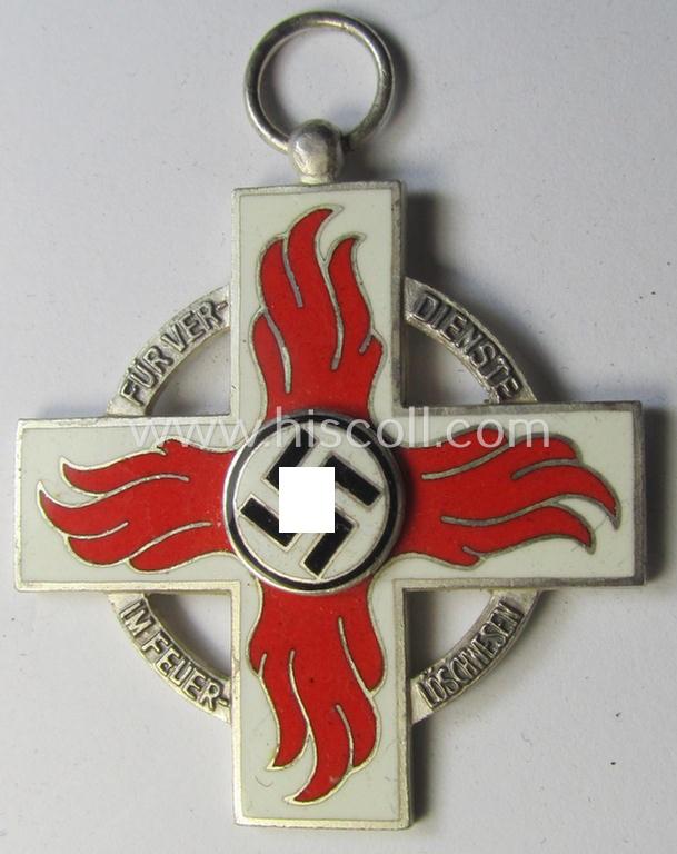 Superb - and actually scarcely encountered! - nicely enamelled, so-called: 'Feuerwehr-Ehrenzeichen der II. Stufe' that comes mounted onto its full-length piece of ribbon (ie. 'Bandabschnitt') as issued ie. worn