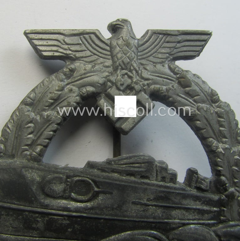 WH (Kriegsmarine) so-called: 'Kriegsabzeichen für Schnellboote - 2. Modell' (or: E-boat-war-badge of the 2nd model) being a maker- (ie. 'RS'-) marked example as was produced by the: 'Rudolf Souval'-company