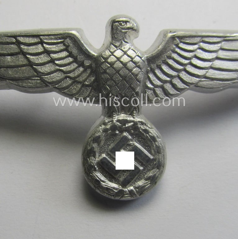WH (Heeres) bright-silver-toned (ie. aluminium-based), EM- (ie. NCO- or officers') type visor-cap-eagle being a non-maker-marked example that comes in a minimally used- ie. (I deem) once cap-attached, condition