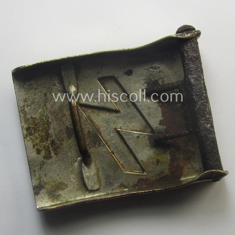 DJ (ie. 'Deutsches Jungvolk') silver-coloured- (ie. typical nickle-chromed) 'variant'-pattern belt-buckle (ie. 'Koppelschloss') being a non-maker-marked example that comes in a clearly used- ie. truly worn, condition