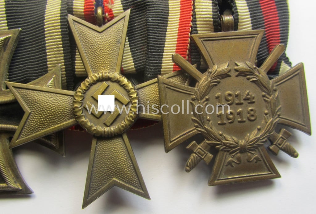 3-pieced 'WWI'- (ie. TR-) related medal-bar (ie. 'Ordenspange') resp. depicting a WWI-period: 'EK II.Kl.', a: 'KvK II. Klasse ohne Schwn.' and a: 'FKK 1914-18 mit Schwn.'