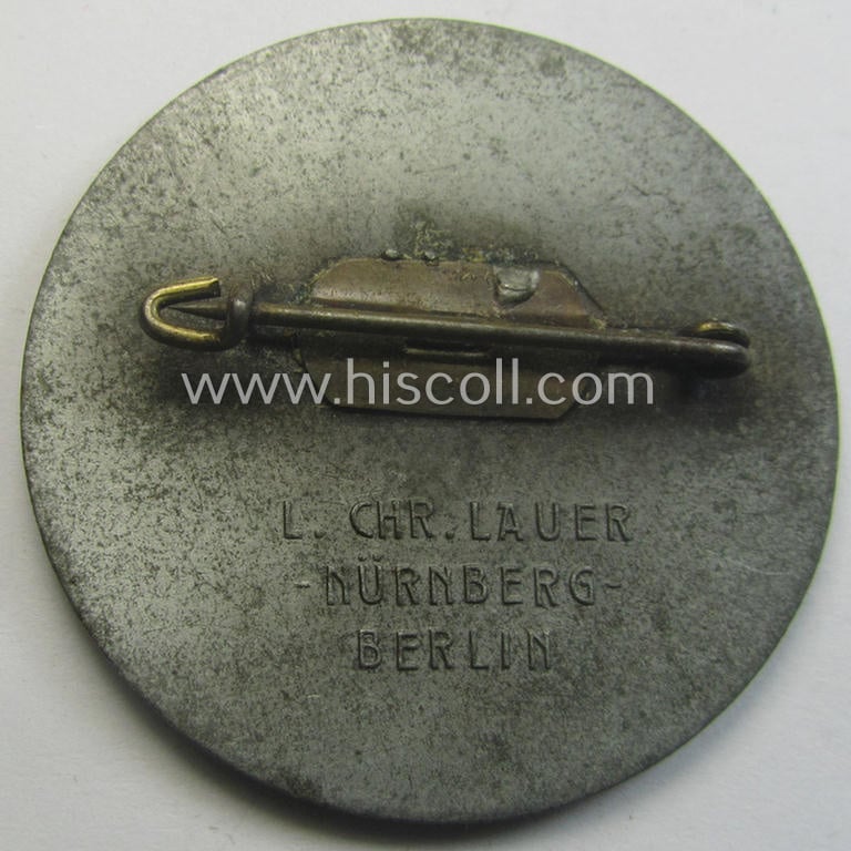 N.S.D.A.P.-related 'tinnie' (ie. 'Tagungs- o. Veranstaltungsabzeichen'-) being a maker- (ie. 'L. Chr. Lauer - Nürnberg-Berlin'-) marked example depicting the text: 'Reichsparteitag 1936'