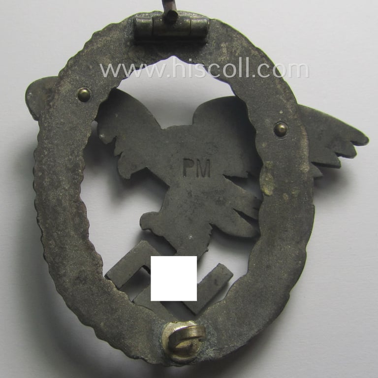 WH (Luftwaffe) 'Flugzeug-Beobachter-Abzeichen' (ie. observers'-war-badge) being a neatly maker- (ie. 'PM'- ie. 'Paul Meybauer'-) marked and/or: typical zinc- ie. 'Feinzink'-based example