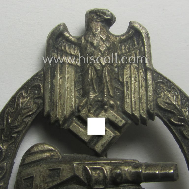 'Panzerkampfabzeichen in Silber' being a neatly maker- (ie. 'HA'-) marked- and/or typical zinc- (ie. 'Feinzink'-) based specimen as was produced by the desirable 'Hersteller' (ie. maker): 'Hermann Aurich'