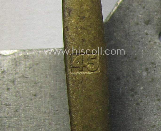 WH (KM) 'Marine-Artillerie-Abzeichen' being a maker- (ie. '45'-) marked- and/or zinc- (ie. 'Feinzink'-) based example by the: 'Franz Jungwirth'-company