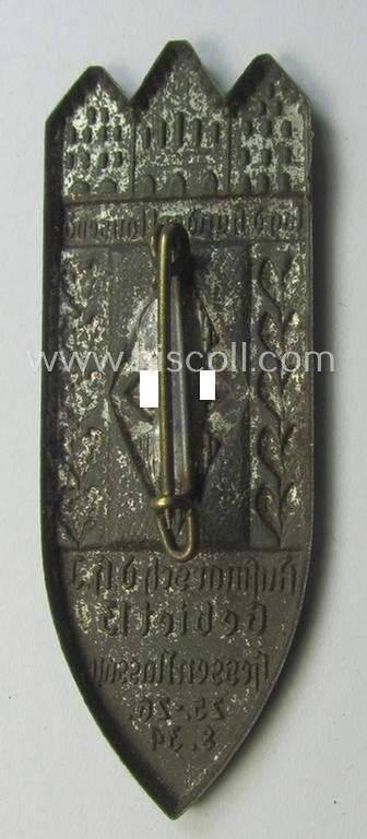 HJ (ie.'Hitlerjugend') related 'tinnie' ie. 'Veranstaltungsabzeichen': 'Aufmarsch der HJ - Gebiet 13 - Hessen-Nassau - 25.-26.8.1934'