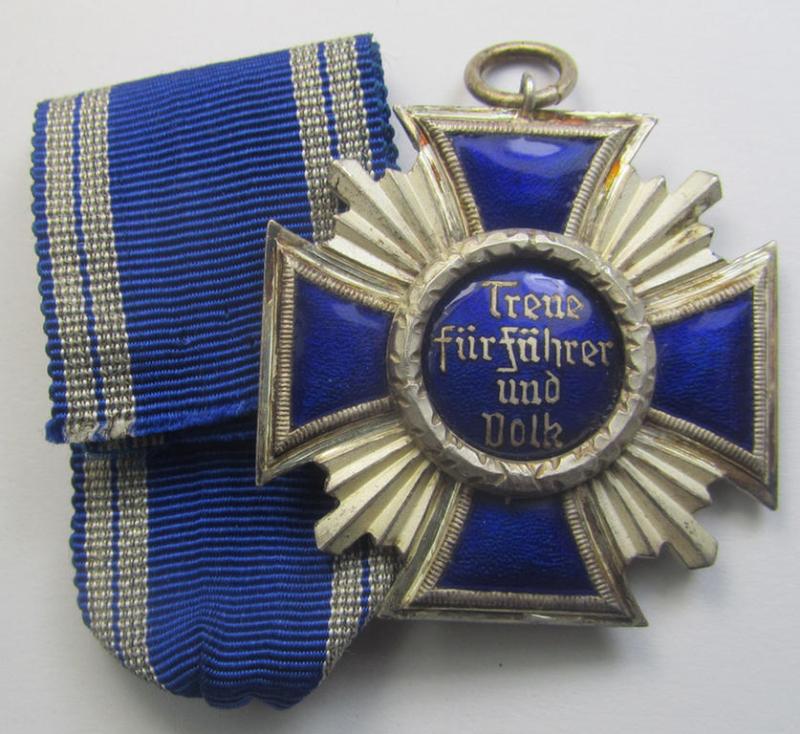 'N.S.D.A.P. Dienstauszeichnung in Silber' (ie. '2. Stufe für 15 Jahre t. D.') being a (typical) non-maker-marked- (and 'regular-weight') example that comes together with its period (fairly long-sized!) ribbon as issued- and/or worn