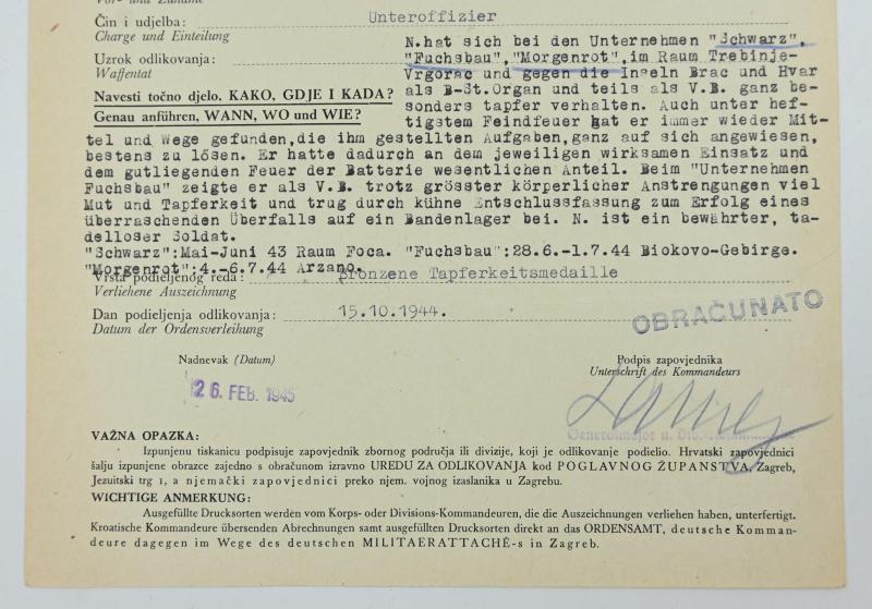 Croatian/German WW2 Bronze Bravery Medal Certificate 'Wilhelm Neef'