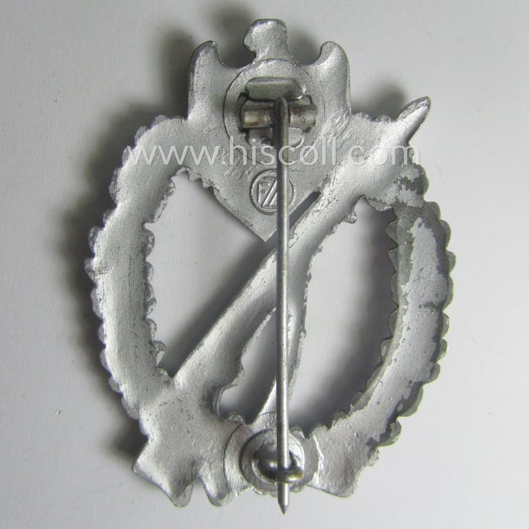 Zinc- (ie. 'Feinzink'-) based, 'Infanterie-Sturmabzeichen in Silber' being a maker- (ie. 'FZZ'-) marked example as being produced by the: 'Fritz Zimmermann'-company