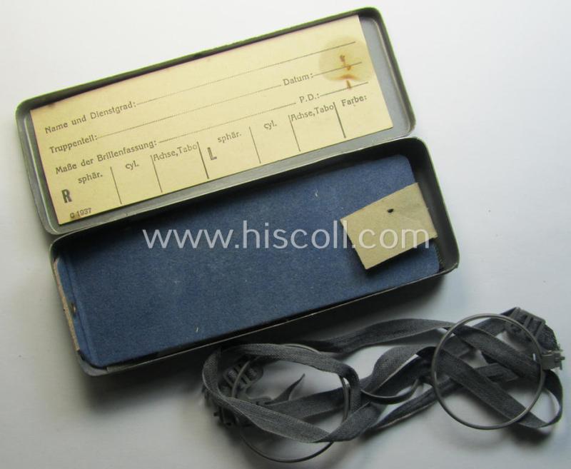 Matching - and/or fully complete! - pair of 'standard-issued'-pattern, WH-gas-mask-glasses (ie. 'Maskenbrille') that comes stored in its period-, metal-based container as was intended for usage in conjunction with the gasmask