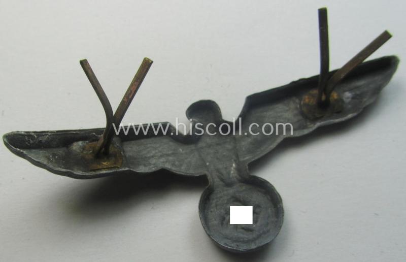 WH (Heeres) tarnished silver-toned (ie. 'Feinzink'-based), EM- (ie. NCO- or officers') type visor-cap-eagle being a non-maker-marked example that comes in a just minimally used- ie. once cap-attached, condition