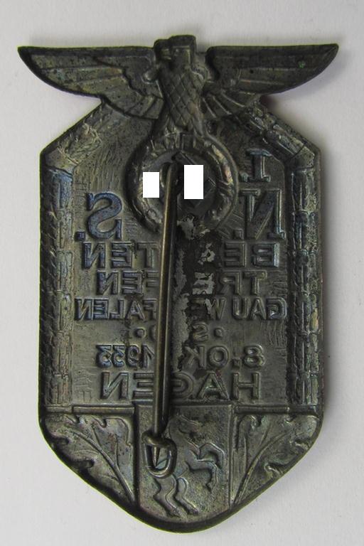 Attractive, (I deem) DAF- (ie. 'Deutsches Arbeitsfront') related day-badge (ie. 'tinnie'), as was specifically issued to commemorate the: 'I. N.S. Beambten Treffen - Gau Westfalen-Süd - 8. Okt. 1933 - Hagen'