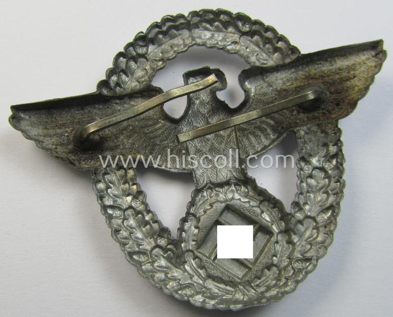 Attractive, 'standard-issue'-pattern - and zinc-based - 'Polizei'- (ie. police) visor-cap eagle being a silver-coloured- and non-maker-marked example as was intended for usage on the various 'Polizei' (ie. police) visor-caps
