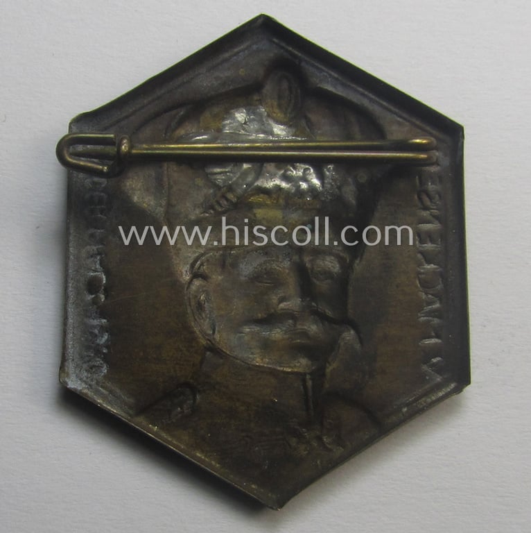 Commemorative, golden-bronze-toned, so-called: 'N.S.D.A.P'-related day-badge (ie. 'tinnie') showing a detailed illustration of the field-marschal (and WWI-hero!) August von Mackensen and showing the text: 'v.Mackensen in der Pfalz 1930'