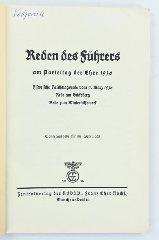 German WH Booklet 'Speech Adolf Hitler' 1936