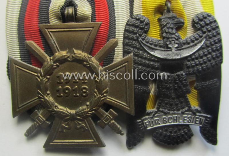 2-pieced (post) WWI-period medal-bar (ie. 'Spange') showing resp. a: 'FKK 1914-18 mit Schwn.' and a: a: 'Schlesisches Bewährungsabzeichen der II. Kl.' (or: 'Schlesischer Adler 2. Stufe') that both come period-mounted as a: 'Doppelspange'