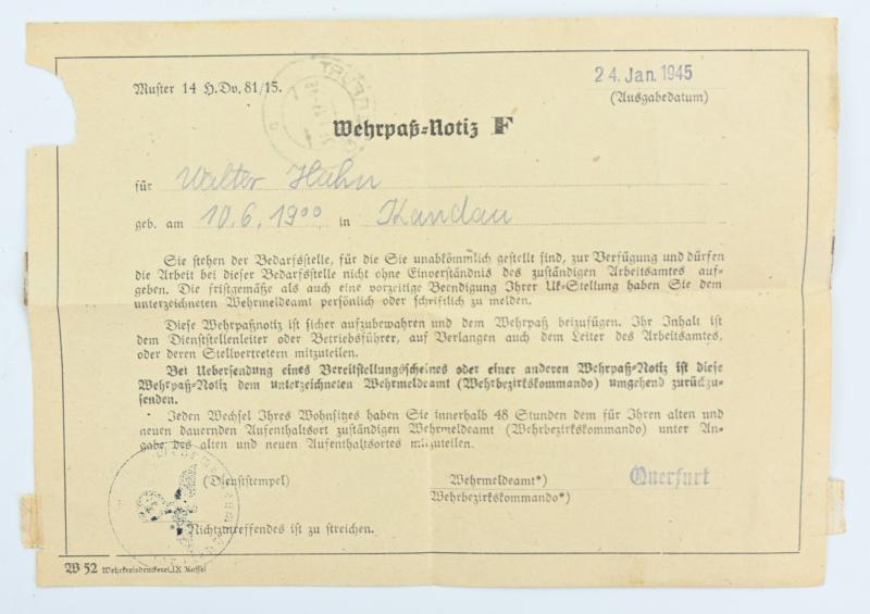 German Wehrpass 'Walter Hahn'