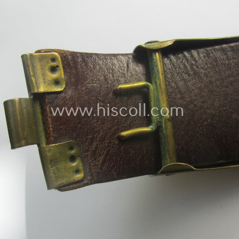 WWI-period (ie. 'Preussen'-related), copper- (ie. nickle-crome-) based, EM/NCO-type belt-buckle being a moderately used example that comes with its accompanying belt as issued and/or most certainly worn