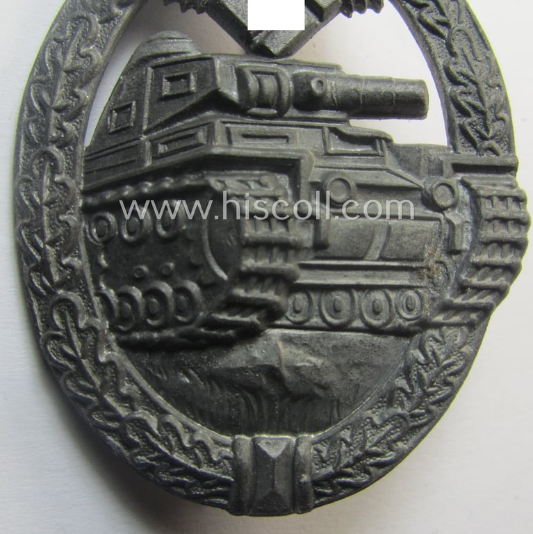 'Panzerkampfabzeichen in Silber' (or: silver-class panzer-assault badge or PAB) being a typical non-maker-marked- and/or zinc- (ie. 'Feinzink'-) based specimen of the so-called: 'scooped flatback'-pattern