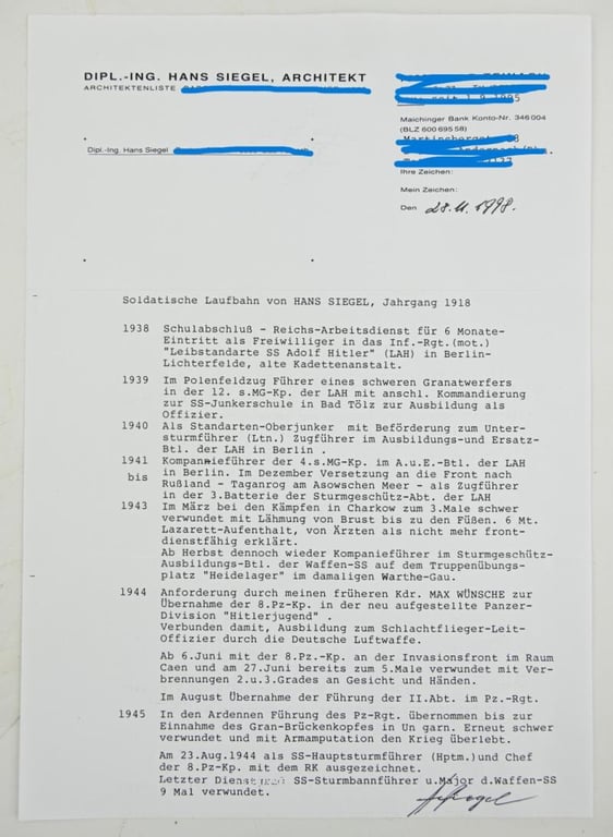 Signature of Waffen-SS KC Recipient 'Hans Siegel'