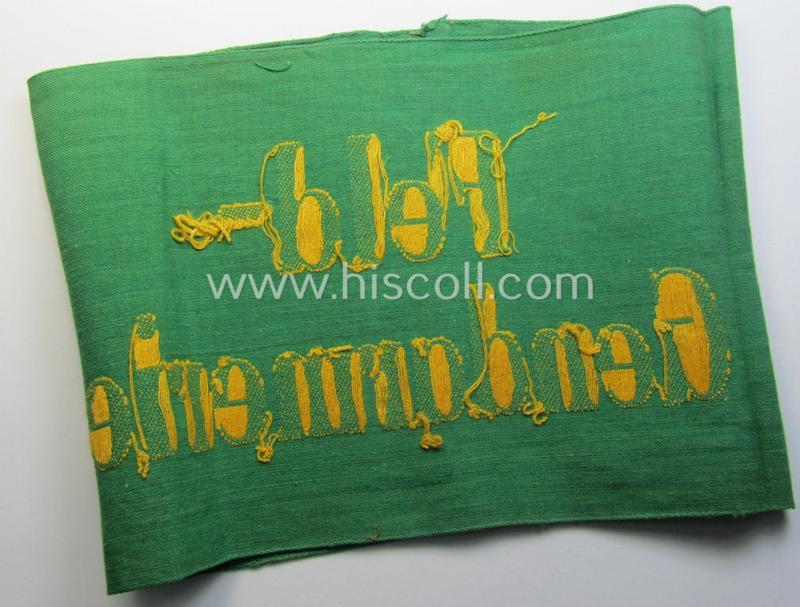 Wehrmacht-related, bright-green-coloured and/or linnen-based armband entitled: 'Feldgendarmerie' (as was specifically intended for usage by the staff of the notorious: 'Feldgendarmerie-Truppen')