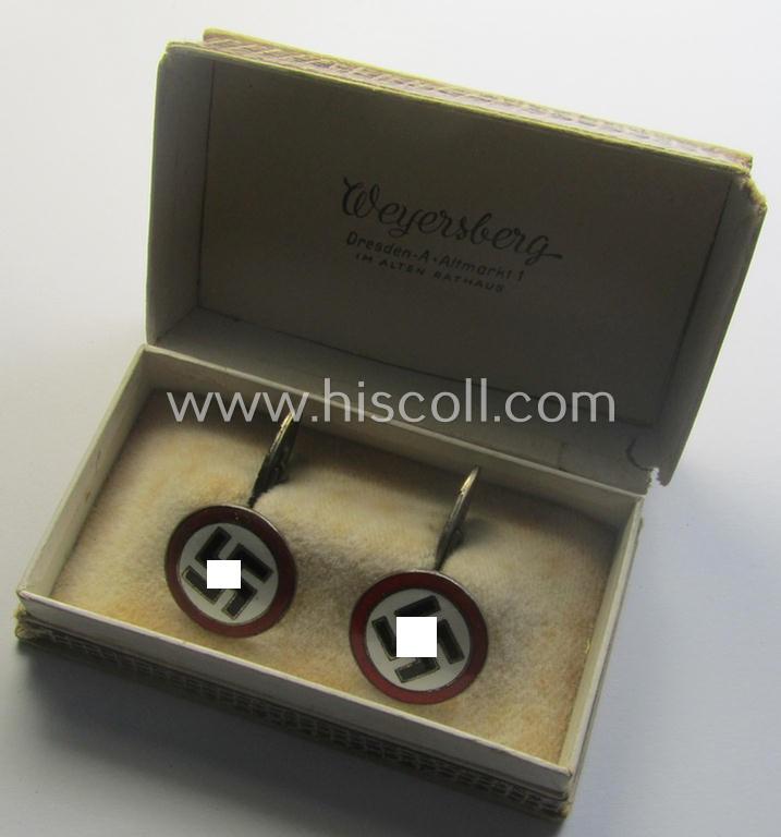 Unusually found - and actually rarely seen! - pair of neatly enamelled so-called: 'Machetenknöpfe' (ie. cuff-links) being attractive examples (and that come stored in their period carton-based etui)