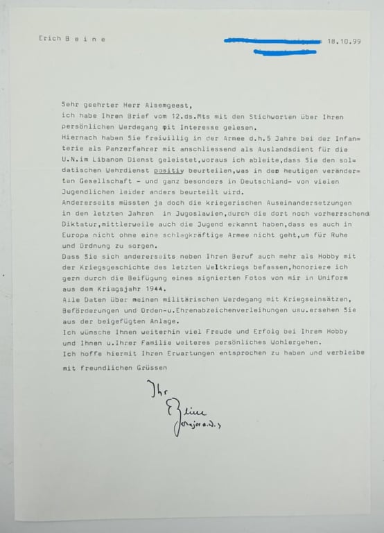 Signature of Luftwaffe KC Recipient 'Erich Beine'