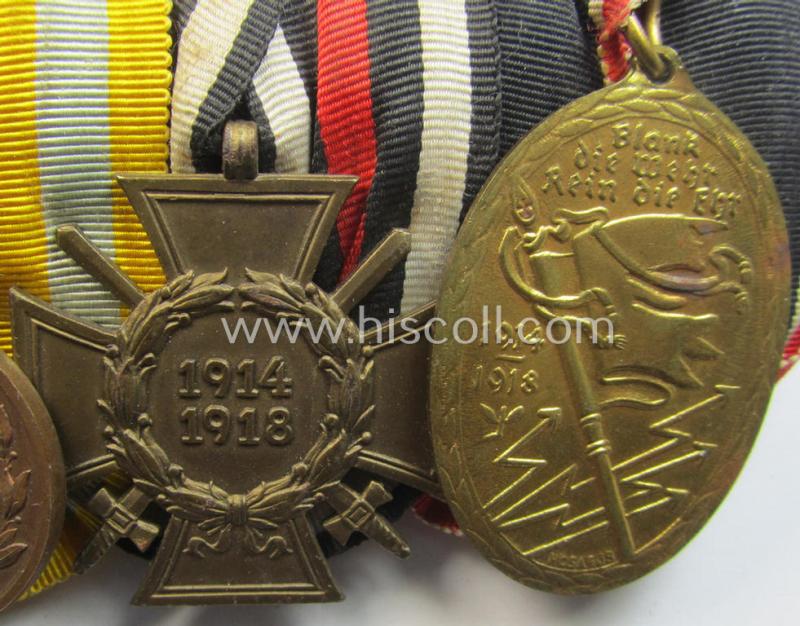 Attractive, 4-pieced WWI-period, medal-bar (ie. 'Ordenspange') resp. showing an: 'EK II.Kl', a: Sachsen 'Friedrich August'-medal, an: 'FKK 1914-18 mit Schw.' and a: 'Kyfhaüsserbund' commemorative-medal