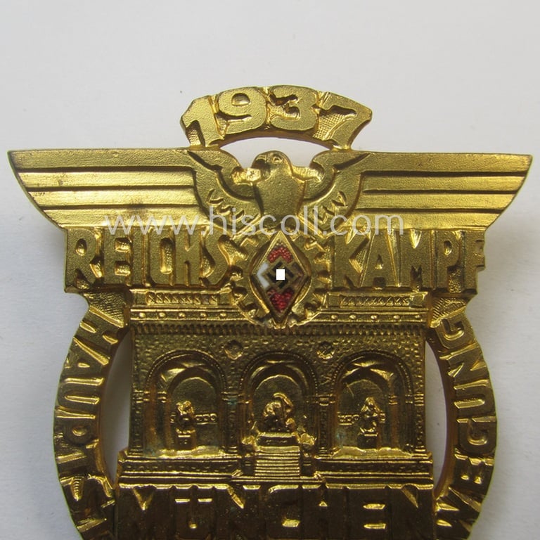 Rarely found, HJ- ie. BDM (ie. 'Hitlerjugend' or: 'Bund Deutscher Mädel') related commemorative day-badge: 'Reichskampf - München - Hauptstadt der Bewegung - 1937'