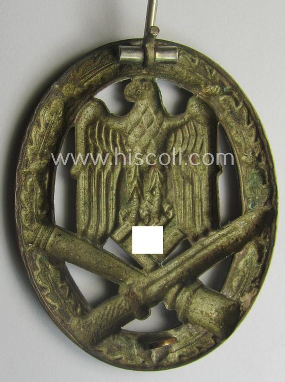 Attractive - and moderately used- ie. worn! - 'Allgemeines Sturmabzeichen' (or: General Assault Badge ie. GAB) being a (typical) unmarked 'Buntmetall'-based and/or scarcely seen 'hollow-back'-version as produced by the: 'Otto Schickle'-compan...