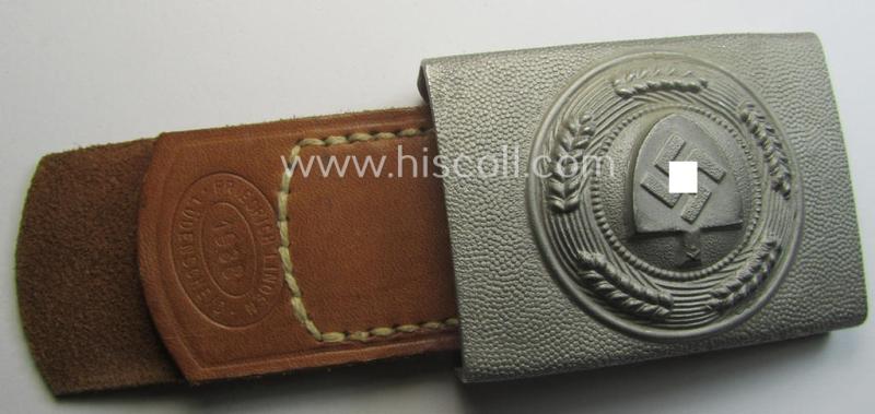 'Reichsarbeitsdienst'- (ie. RAD-) enlisted-mens'- (ie. NCO-) type belt-buckle being a maker- (ie. 'Friedrich Linden'-) marked example which is dated: '1938' and that comes mounted onto its leather-based tab