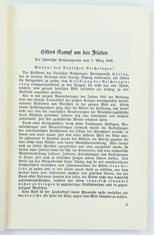 German WH Booklet 'Speech Adolf Hitler' 1936