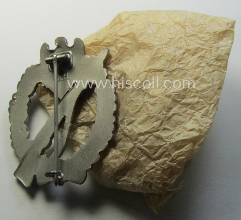 Stunning - and 'virtually mint'! - 'Infanterie Sturmabzeichen in Silber' being a maker- (ie. 'W.H.'-) marked, 'solid-back' example by the Austrian-based maker: 'Wilhelm Hobacher' as was executed in bright silver-coloured, zinc-based metal