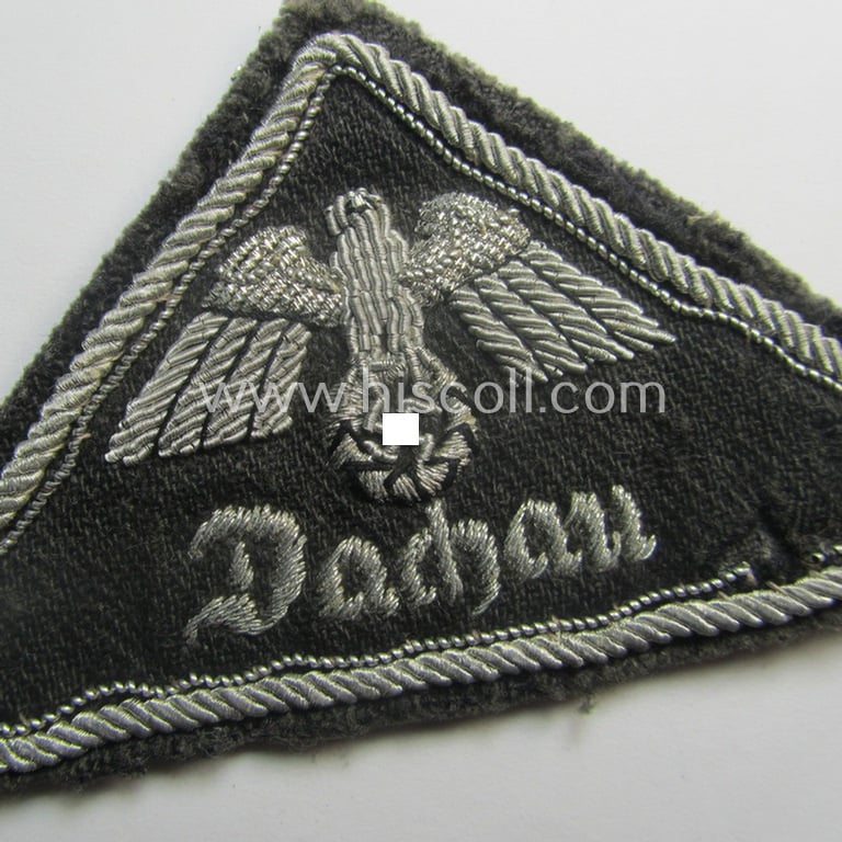 Superb, German Red Cross (ie. 'Deutsches Rotes Kreuz' or 'DRK') greyish-coloured- and/or triangular-shaped and neatly hand-embroidered (ie. typically officers'-pattern!) arm-eagle entitled: 'Dachau'