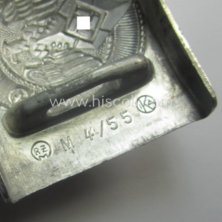 Superb - and virtually stonemint! - HJ (ie. 'Hitlerjugend') aluminium-based- (and/or unusually 'molded'-pattern!) belt-buckle being a maker- (ie. 'RzM M4/55'-) marked example that still retains its period 'RzM'-etiket