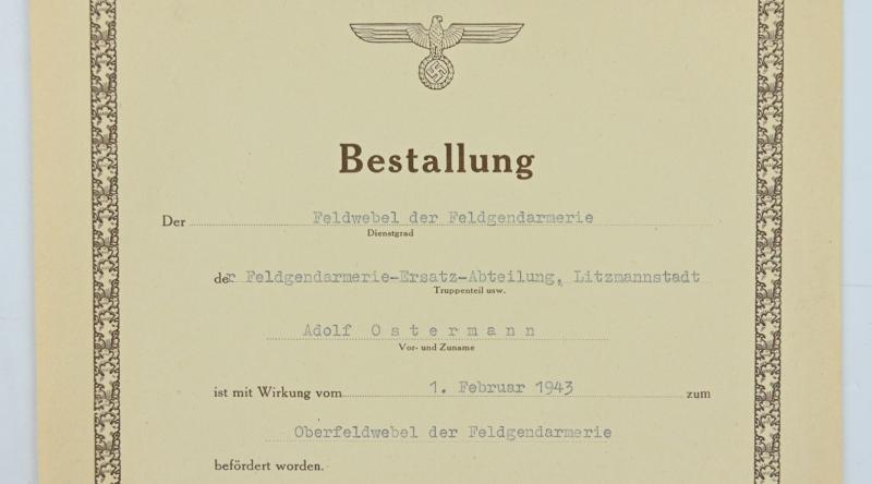 German WH Feldgendarmerie Rank Promotion Certificate