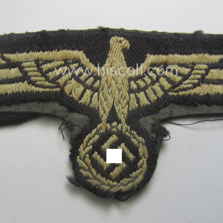 Truly used- and/or carefully tunic-removed, WH (Heeres) early- (ie. pre-) war-period 'Panzer'-EM- (ie. NCO-) -type breast-eagle of the so-called: 'M35'- (ie.'M36'-) pattern as was executed in 'BeVo'-weave pattern