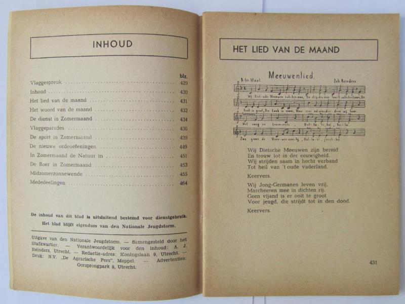 Neat, Dutch-language-, 'Dienst Stormerskaderblad van den Nationale Jeugdstorm' (being a so-called: 'NJS-Kaderblad - 1. Jaargang - No. 10 - Zomermaand 1942'-edition) that comes in an overall nice- (albeit used- and/or read-), condition