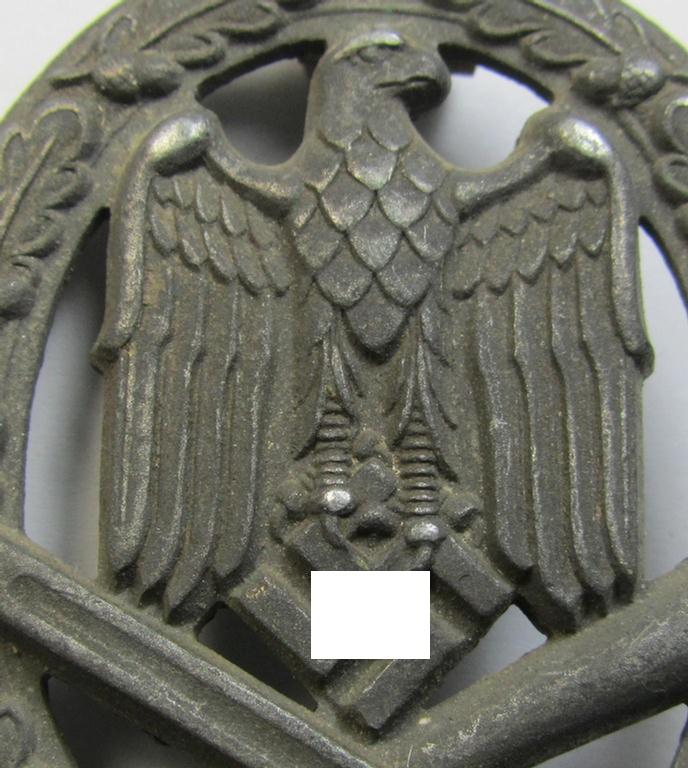 Attractive, 'Allgemeines Sturmabzeichen' (or General Assault Badge ie. GAB), being an unmarked, zinc- (ie. 'Feinzink'-) based so-called: 'flat-back'-pattern by a (by me) unidentified maker