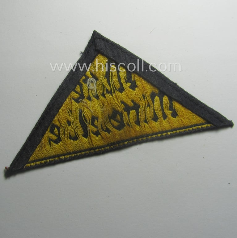 Superb - and truly rarely found! - HJ (ie. 'Hitlerjugend') district-triangle (ie. 'Gebietsdreieck') entitled: 'Mitte Mittelelbe' (being a minimally used- ie. I deem worn example that has lost its 'RzM-etiket' over the years)