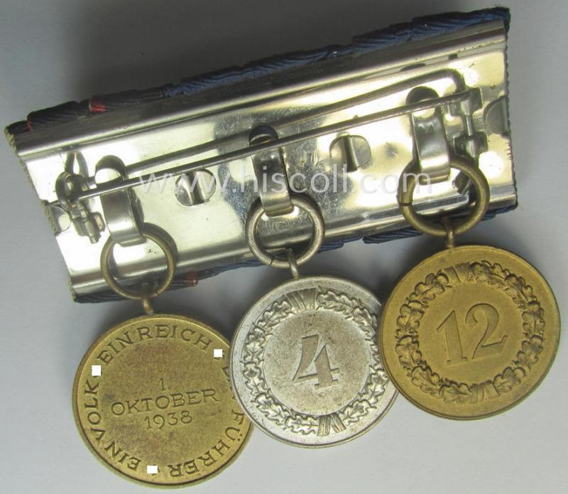 Three-pieced medal-bar (ie. 'Ordenspange') resp. showing two WH (Heeres or KM) so-called: 'DA für 4 u. 12 Jahre treue Dienste' and a: Czech 'Anschluss'-medal '1. Oktober 1938'