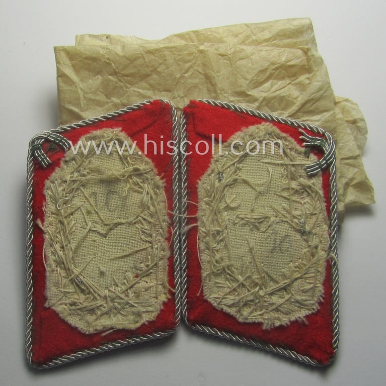 Superb, pair of hand-embroidered WH (Luftwaffe) officers'-type collar-patches as executed in bright-red-coloured wool as was intended for usage by a: 'Major der Flak-Artillerie-Trpn.'