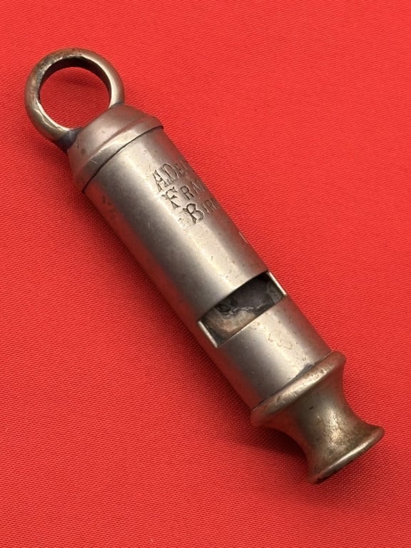TWO AUTHENTIC ORIGINAL BRITISH OFFICERS WWI 1916 TRENCH WHISTLES AND LANYARD.
