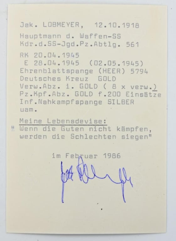 Signature of Waffen-SS Knight's Cross Recipient 'Jakob Lobmeyer'