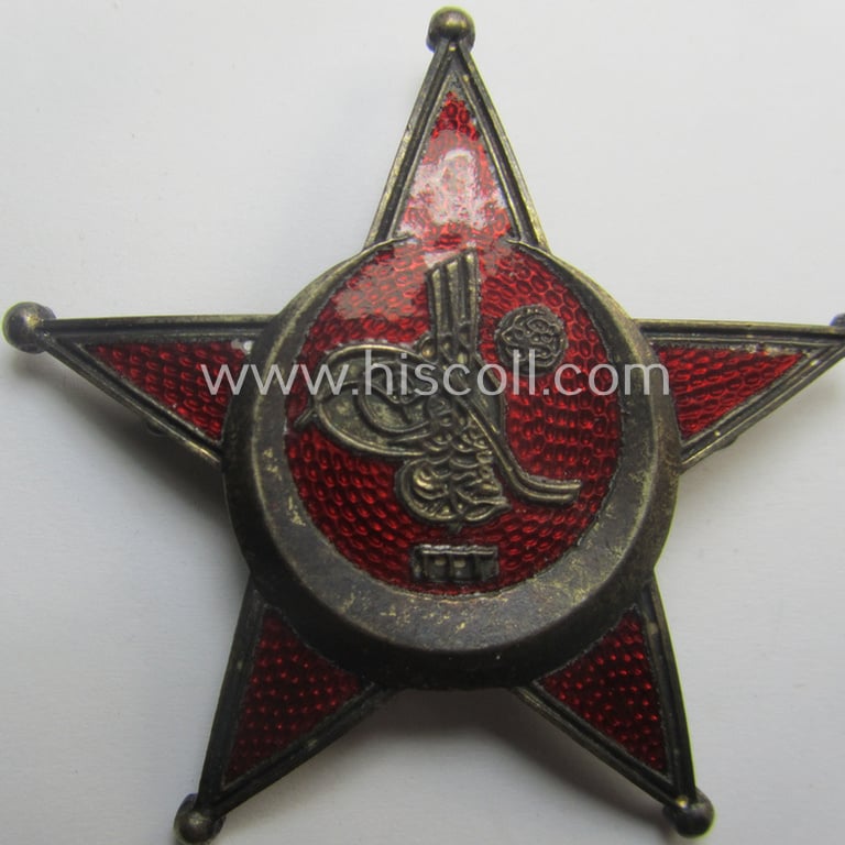Superb - and scarcely encountered! - WWI-era, Turkish award being an: 'Eiserner Halbmond' (also known as: 'Stern von Gallipoli') being a luxurious, single-pieced example as was executed in typical silvered, enamelled metal (ie 'Buntmetall')
