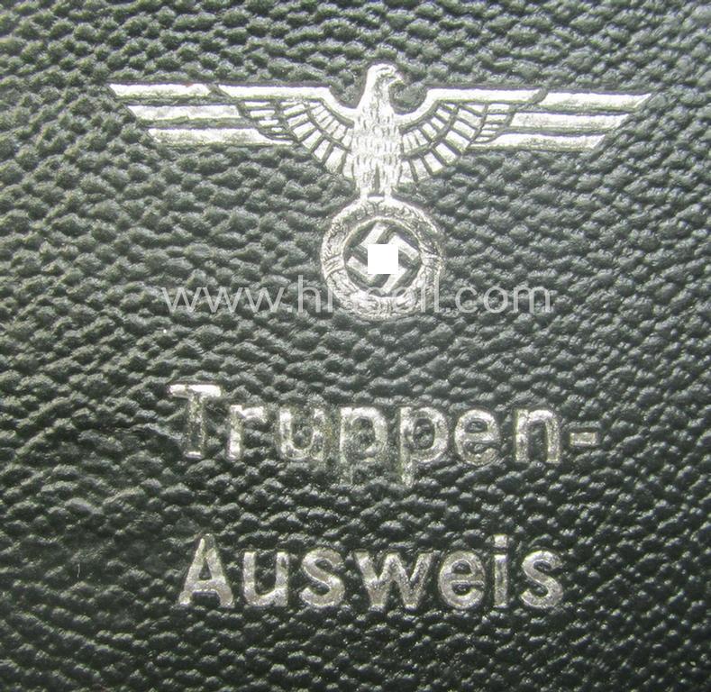 Period, WH (Heeres o. KM) darker-green-coloured- and/or genuine-leather-based protective ID-document-cover (ie. 'Hülle') as was intended for storage of a: 'Truppen-Ausweis' (or troops identity-document)