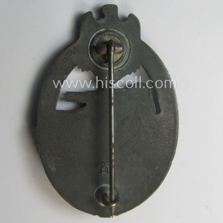'Panzerkampfabzeichen in Silber' being a neatly maker- (ie. 'HA'-) marked- and/or typical zinc- (ie. 'Feinzink'-) based specimen as was produced by the desirable 'Hersteller' (ie. maker): 'Hermann Aurich'